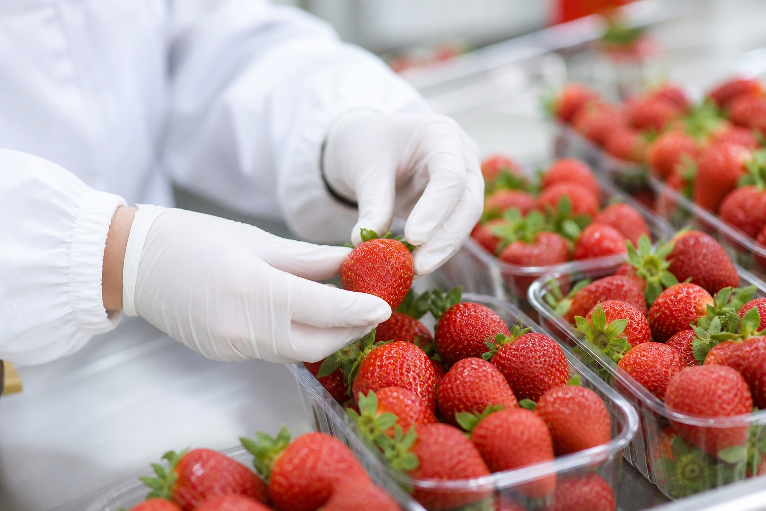 Gloved hands inspecting strawberries in clean punnets