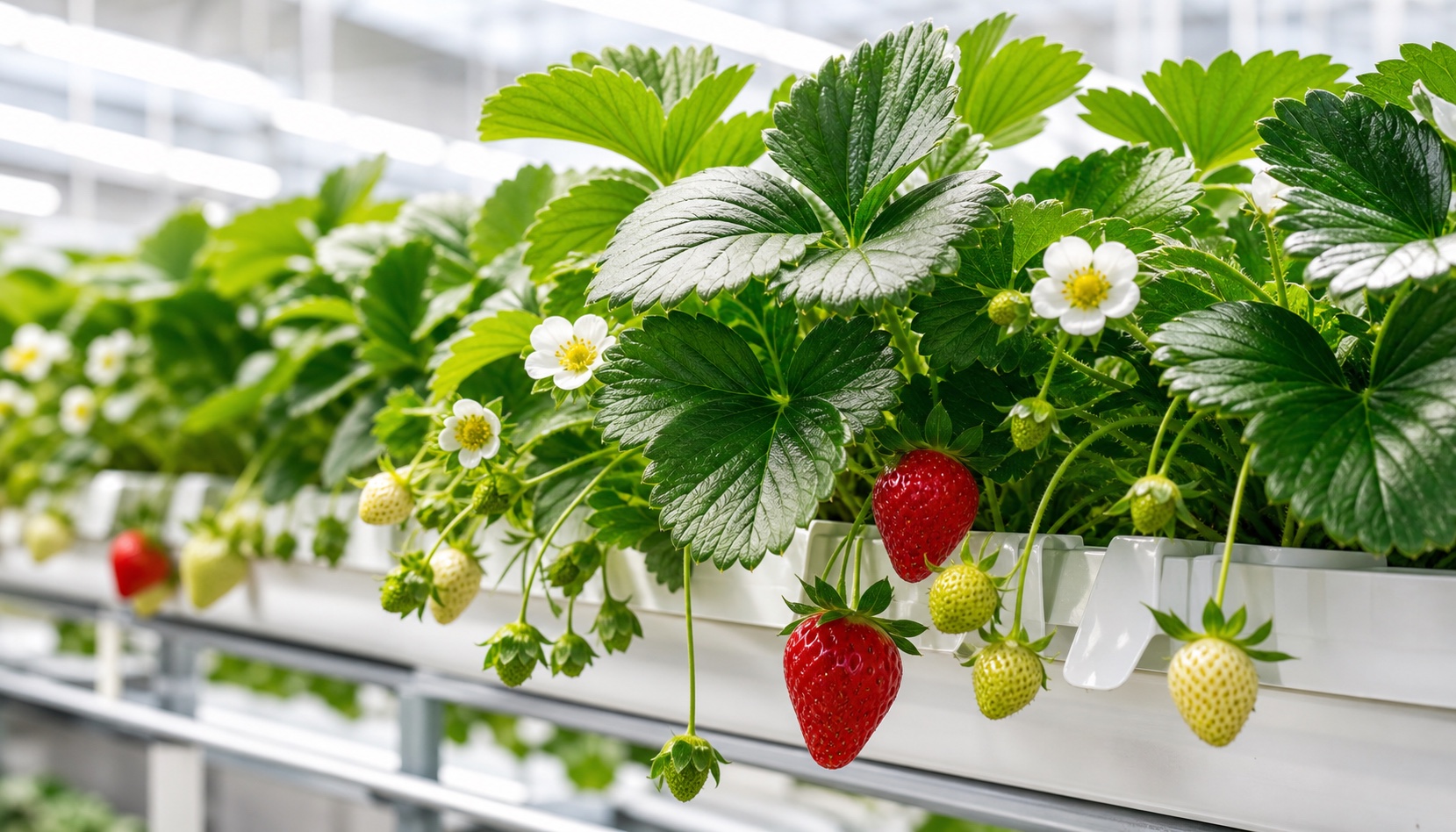 Healthy strawberry plants with flowers and developing berries