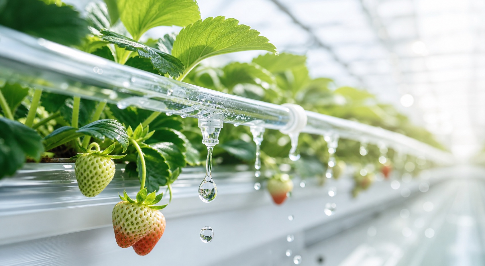 Clear filtered water droplets in a clean strawberry irrigation line
