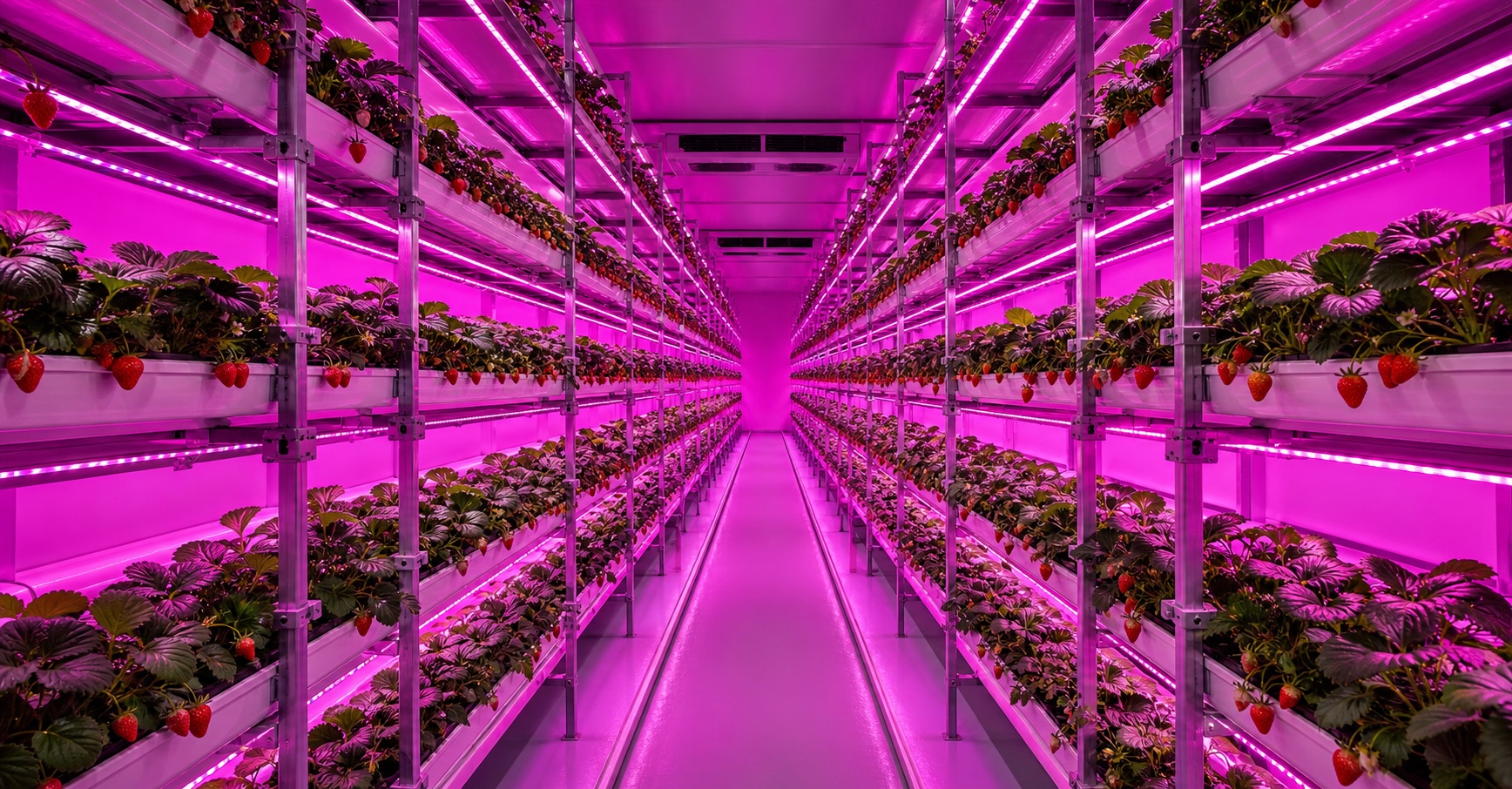 Vertical indoor strawberry farm with magenta LED grow lights